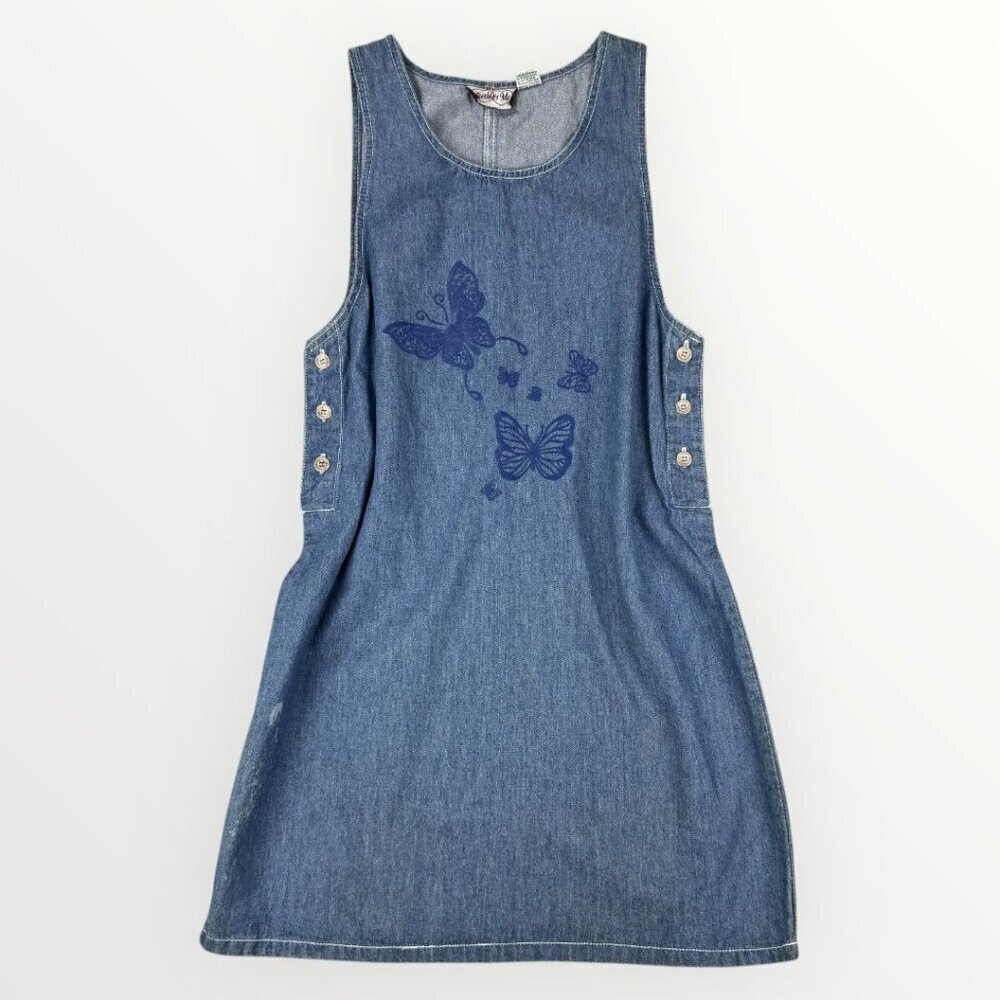 Vintage Y2K Coquette Womens Denim Jumper Dress Butterfly Cottagecore Sleeveless
